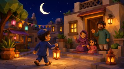 Chand Raat Dash artwork with a child carrying a lantern under a crescent moon