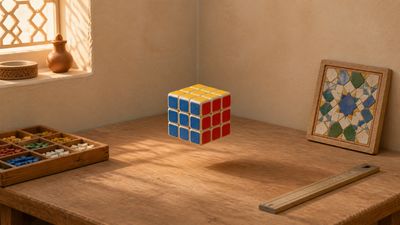 First Solve artwork with a colourful puzzle cube in a warm study corner