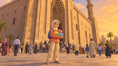 Iftar Dash concept artwork: a girl holding three wrapped contributions outside Sultan Hassan, with people gathering behind her