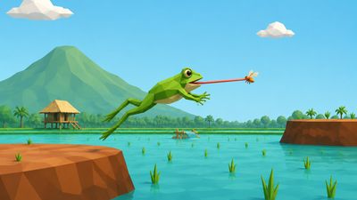 Katak Sawah artwork with a low-poly frog leaping across a turquoise rice paddy between two earthen banks