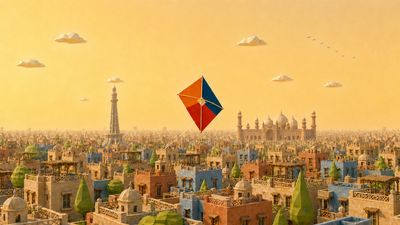 Patang artwork with a colourful kite flying above warm neighbourhood rooftops