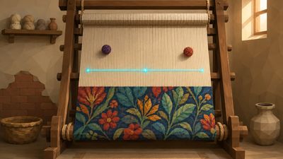 Threads of Tabriz artwork with a glowing thread crossing an unfinished carpet on a large wooden loom
