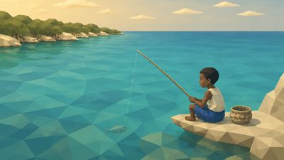 Tides of Kilwa artwork with a child fishing from a stone shelf, a curved line reaching into bright water